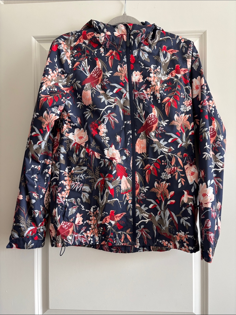 Columbia Navy Floral Hooded Utility Jacket with Red & Pink Accents